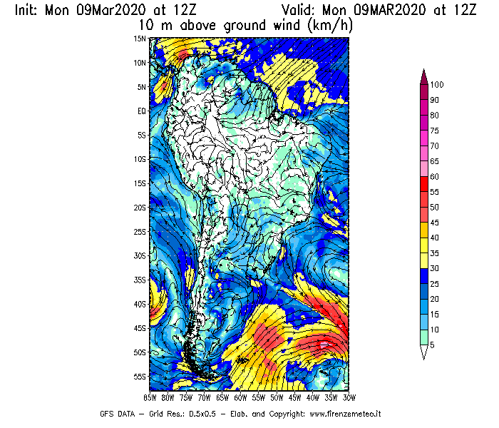 Mappa di analisi GFS - Velocità del vento a 10 metri dal suolo [km/h] in Sud-America
							del 09/03/2020 12 <!--googleoff: index-->UTC<!--googleon: index-->