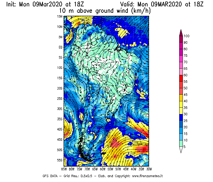 Mappa di analisi GFS - Velocità del vento a 10 metri dal suolo [km/h] in Sud-America
							del 09/03/2020 18 <!--googleoff: index-->UTC<!--googleon: index-->