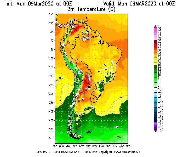 Mappa di analisi GFS - Temperatura a 2 metri dal suolo [°C] in Sud-America
							del 09/03/2020 00 <!--googleoff: index-->UTC<!--googleon: index-->