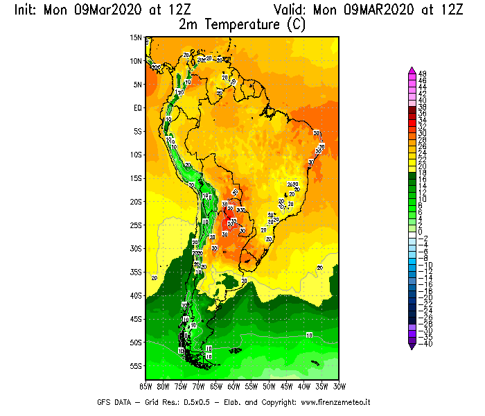 Mappa di analisi GFS - Temperatura a 2 metri dal suolo [°C] in Sud-America
							del 09/03/2020 12 <!--googleoff: index-->UTC<!--googleon: index-->