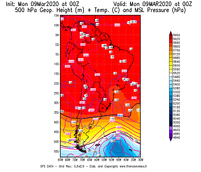 Mappa di analisi GFS - Geopotenziale [m] + Temp. [°C] a 500 hPa + Press. a livello del mare [hPa] in Sud-America
							del 09/03/2020 00 <!--googleoff: index-->UTC<!--googleon: index-->