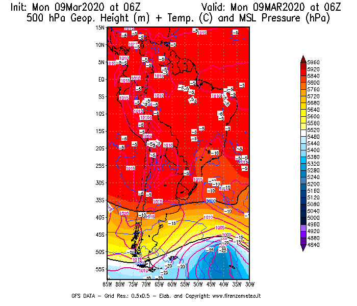 Mappa di analisi GFS - Geopotenziale [m] + Temp. [°C] a 500 hPa + Press. a livello del mare [hPa] in Sud-America
							del 09/03/2020 06 <!--googleoff: index-->UTC<!--googleon: index-->