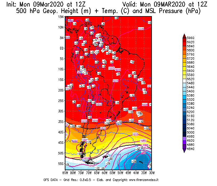 Mappa di analisi GFS - Geopotenziale [m] + Temp. [°C] a 500 hPa + Press. a livello del mare [hPa] in Sud-America
							del 09/03/2020 12 <!--googleoff: index-->UTC<!--googleon: index-->
