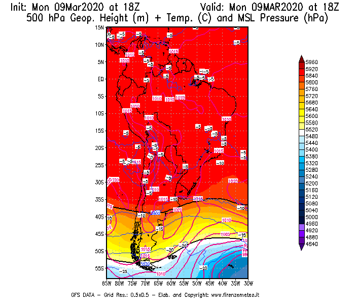 Mappa di analisi GFS - Geopotenziale [m] + Temp. [°C] a 500 hPa + Press. a livello del mare [hPa] in Sud-America
							del 09/03/2020 18 <!--googleoff: index-->UTC<!--googleon: index-->