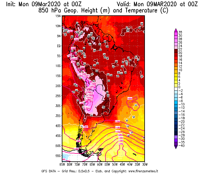 Mappa di analisi GFS - Geopotenziale [m] e Temperatura [°C] a 850 hPa in Sud-America
							del 09/03/2020 00 <!--googleoff: index-->UTC<!--googleon: index-->