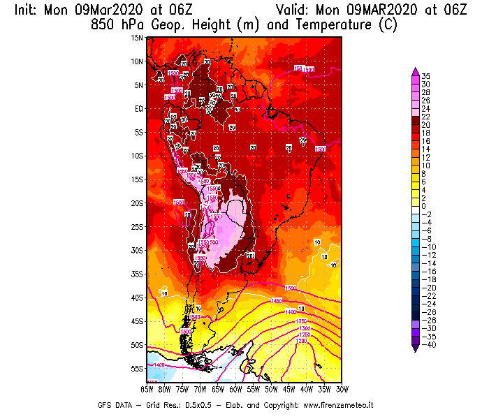 Mappa di analisi GFS - Geopotenziale [m] e Temperatura [°C] a 850 hPa in Sud-America
							del 09/03/2020 06 <!--googleoff: index-->UTC<!--googleon: index-->