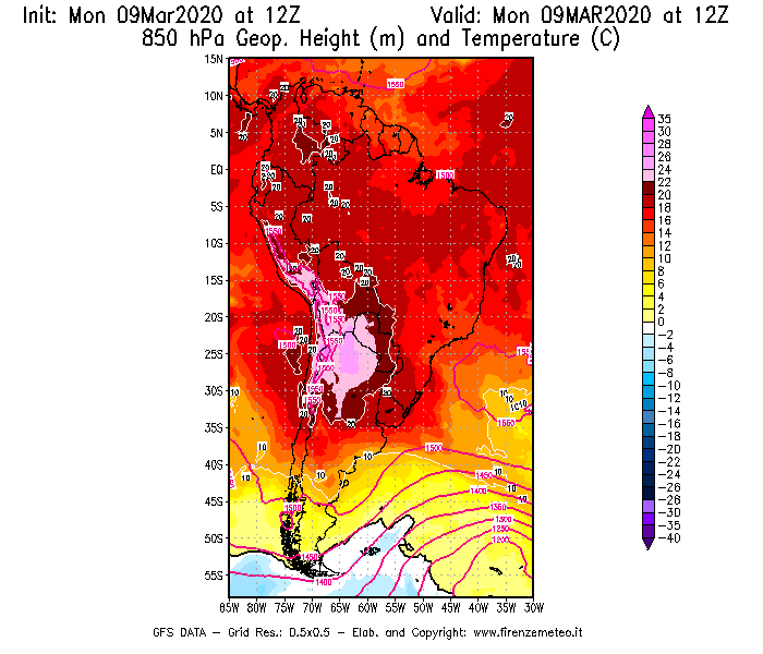 Mappa di analisi GFS - Geopotenziale [m] e Temperatura [°C] a 850 hPa in Sud-America
							del 09/03/2020 12 <!--googleoff: index-->UTC<!--googleon: index-->