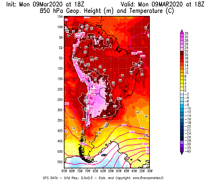 Mappa di analisi GFS - Geopotenziale [m] e Temperatura [°C] a 850 hPa in Sud-America
							del 09/03/2020 18 <!--googleoff: index-->UTC<!--googleon: index-->