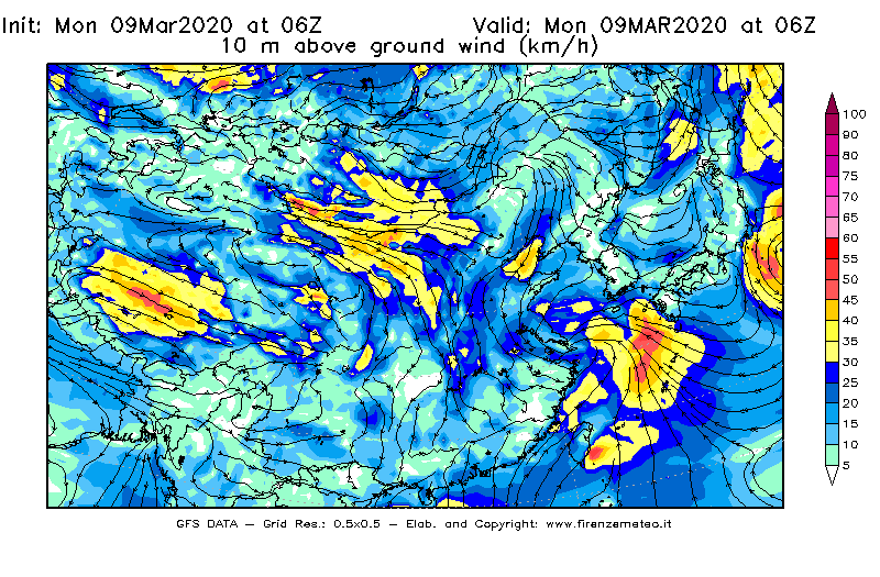 Mappa di analisi GFS - Velocità del vento a 10 metri dal suolo [km/h] in Asia Orientale
							del 09/03/2020 06 <!--googleoff: index-->UTC<!--googleon: index-->