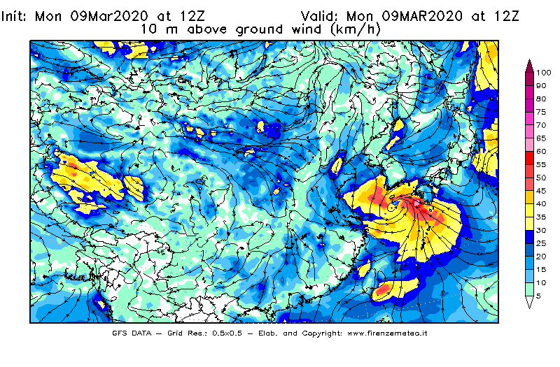 Mappa di analisi GFS - Velocità del vento a 10 metri dal suolo [km/h] in Asia Orientale
							del 09/03/2020 12 <!--googleoff: index-->UTC<!--googleon: index-->