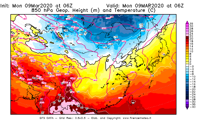 Mappa di analisi GFS - Geopotenziale [m] e Temperatura [°C] a 850 hPa in Asia Orientale
							del 09/03/2020 06 <!--googleoff: index-->UTC<!--googleon: index-->