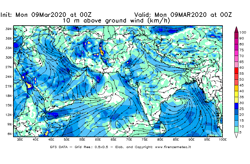 Mappa di analisi GFS - Velocità del vento a 10 metri dal suolo [km/h] in Asia Sud-Occidentale
							del 09/03/2020 00 <!--googleoff: index-->UTC<!--googleon: index-->