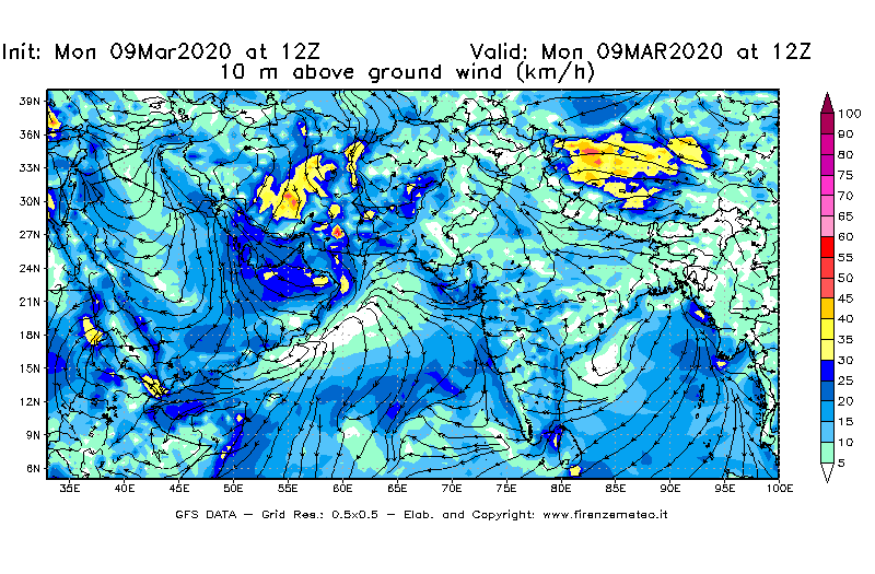 Mappa di analisi GFS - Velocità del vento a 10 metri dal suolo [km/h] in Asia Sud-Occidentale
							del 09/03/2020 12 <!--googleoff: index-->UTC<!--googleon: index-->