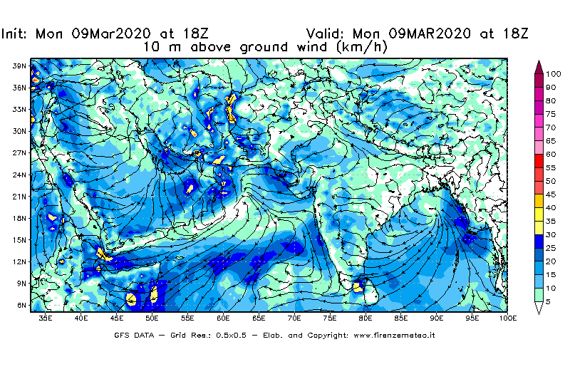 Mappa di analisi GFS - Velocità del vento a 10 metri dal suolo [km/h] in Asia Sud-Occidentale
							del 09/03/2020 18 <!--googleoff: index-->UTC<!--googleon: index-->