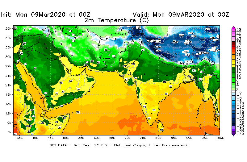 Mappa di analisi GFS - Temperatura a 2 metri dal suolo [°C] in Asia Sud-Occidentale
							del 09/03/2020 00 <!--googleoff: index-->UTC<!--googleon: index-->