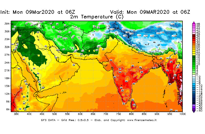 Mappa di analisi GFS - Temperatura a 2 metri dal suolo [°C] in Asia Sud-Occidentale
							del 09/03/2020 06 <!--googleoff: index-->UTC<!--googleon: index-->