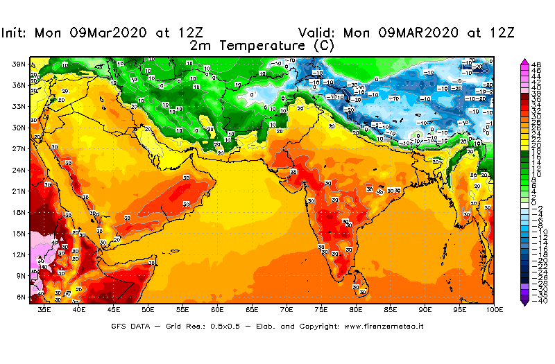 Mappa di analisi GFS - Temperatura a 2 metri dal suolo [°C] in Asia Sud-Occidentale
							del 09/03/2020 12 <!--googleoff: index-->UTC<!--googleon: index-->