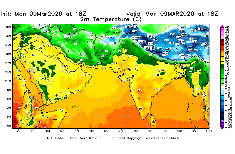 Mappa di analisi GFS - Temperatura a 2 metri dal suolo [°C] in Asia Sud-Occidentale
							del 09/03/2020 18 <!--googleoff: index-->UTC<!--googleon: index-->