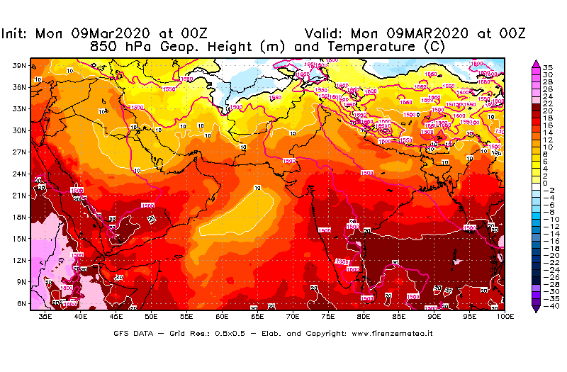 Mappa di analisi GFS - Geopotenziale [m] e Temperatura [°C] a 850 hPa in Asia Sud-Occidentale
							del 09/03/2020 00 <!--googleoff: index-->UTC<!--googleon: index-->