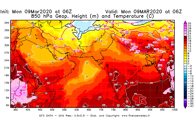 Mappa di analisi GFS - Geopotenziale [m] e Temperatura [°C] a 850 hPa in Asia Sud-Occidentale
							del 09/03/2020 06 <!--googleoff: index-->UTC<!--googleon: index-->