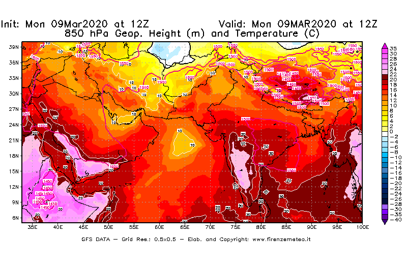 Mappa di analisi GFS - Geopotenziale [m] e Temperatura [°C] a 850 hPa in Asia Sud-Occidentale
							del 09/03/2020 12 <!--googleoff: index-->UTC<!--googleon: index-->