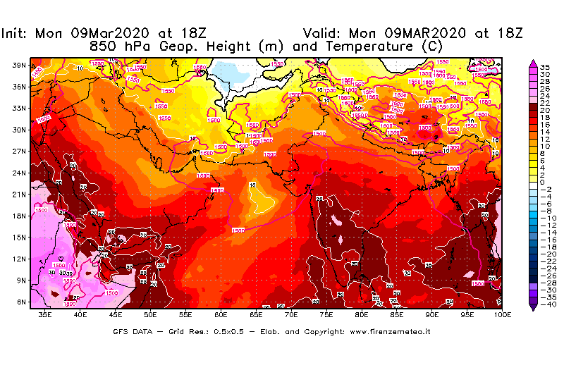 Mappa di analisi GFS - Geopotenziale [m] e Temperatura [°C] a 850 hPa in Asia Sud-Occidentale
							del 09/03/2020 18 <!--googleoff: index-->UTC<!--googleon: index-->