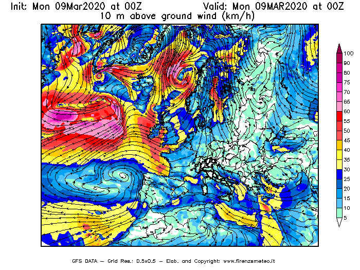 Mappa di analisi GFS - Velocità del vento a 10 metri dal suolo [km/h] in Europa
							del 09/03/2020 00 <!--googleoff: index-->UTC<!--googleon: index-->