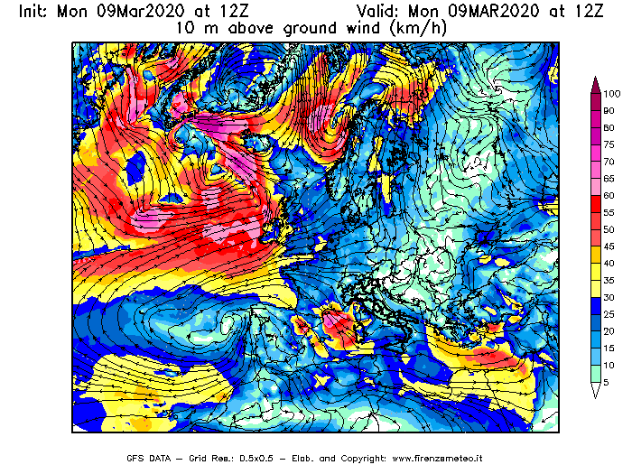 Mappa di analisi GFS - Velocità del vento a 10 metri dal suolo [km/h] in Europa
							del 09/03/2020 12 <!--googleoff: index-->UTC<!--googleon: index-->