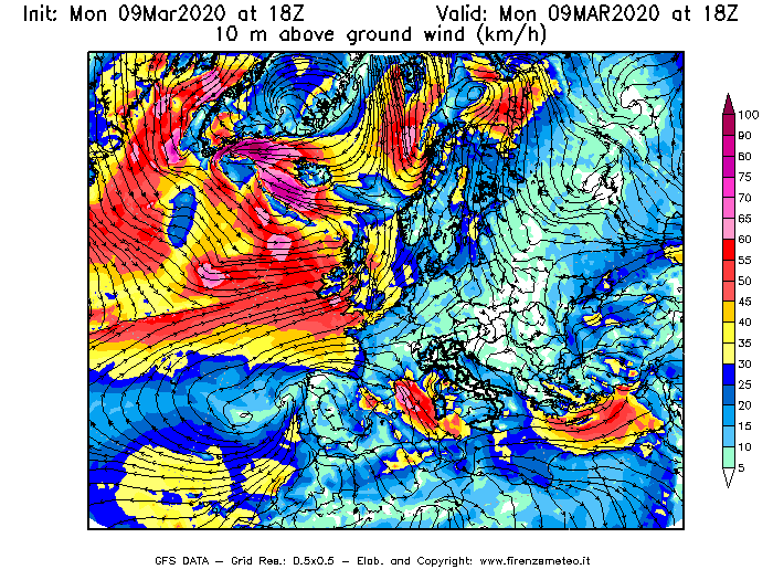 Mappa di analisi GFS - Velocità del vento a 10 metri dal suolo [km/h] in Europa
							del 09/03/2020 18 <!--googleoff: index-->UTC<!--googleon: index-->