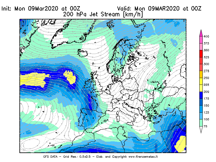 Mappa di analisi GFS - Jet Stream a 200 hPa in Europa
							del 09/03/2020 00 <!--googleoff: index-->UTC<!--googleon: index-->