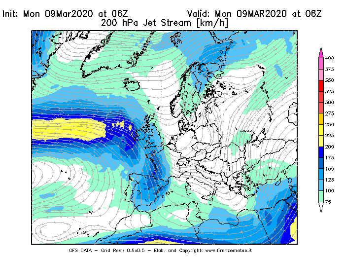 Mappa di analisi GFS - Jet Stream a 200 hPa in Europa
							del 09/03/2020 06 <!--googleoff: index-->UTC<!--googleon: index-->