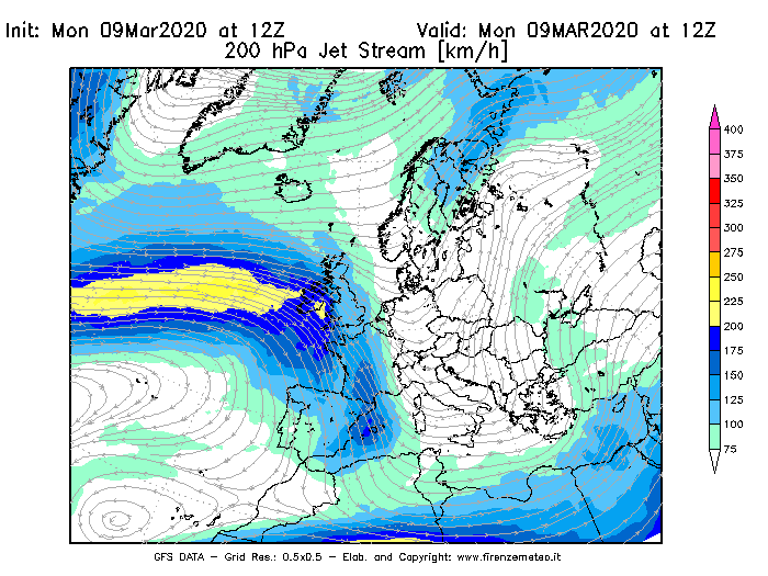 Mappa di analisi GFS - Jet Stream a 200 hPa in Europa
							del 09/03/2020 12 <!--googleoff: index-->UTC<!--googleon: index-->