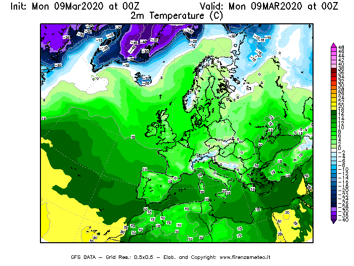 Mappa di analisi GFS - Temperatura a 2 metri dal suolo [°C] in Europa
							del 09/03/2020 00 <!--googleoff: index-->UTC<!--googleon: index-->