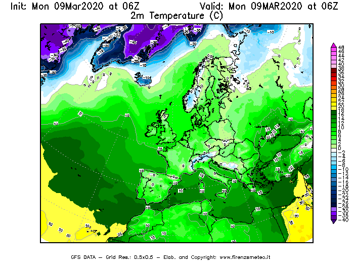 Mappa di analisi GFS - Temperatura a 2 metri dal suolo [°C] in Europa
							del 09/03/2020 06 <!--googleoff: index-->UTC<!--googleon: index-->