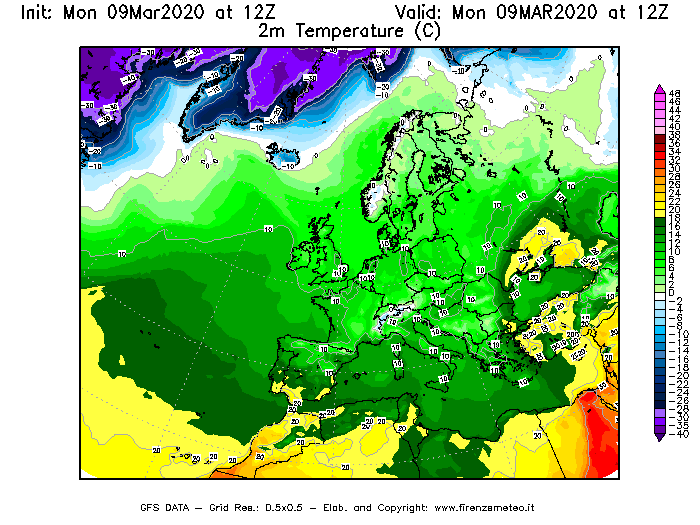 Mappa di analisi GFS - Temperatura a 2 metri dal suolo [°C] in Europa
							del 09/03/2020 12 <!--googleoff: index-->UTC<!--googleon: index-->