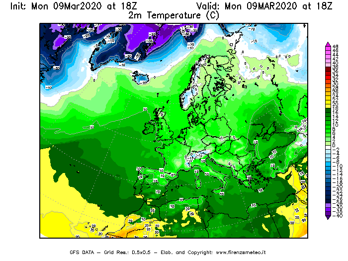 Mappa di analisi GFS - Temperatura a 2 metri dal suolo [°C] in Europa
							del 09/03/2020 18 <!--googleoff: index-->UTC<!--googleon: index-->