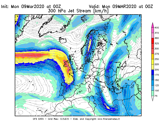 Mappa di analisi GFS - Jet Stream a 300 hPa in Europa
							del 09/03/2020 00 <!--googleoff: index-->UTC<!--googleon: index-->
