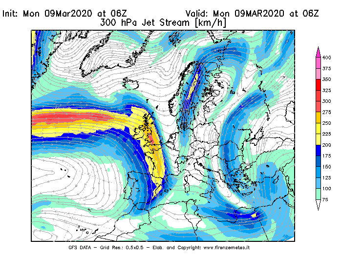Mappa di analisi GFS - Jet Stream a 300 hPa in Europa
							del 09/03/2020 06 <!--googleoff: index-->UTC<!--googleon: index-->