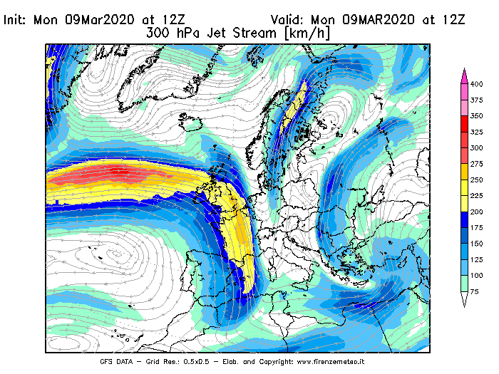 Mappa di analisi GFS - Jet Stream a 300 hPa in Europa
							del 09/03/2020 12 <!--googleoff: index-->UTC<!--googleon: index-->