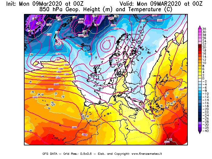 Mappa di analisi GFS - Geopotenziale [m] e Temperatura [°C] a 850 hPa in Europa
							del 09/03/2020 00 <!--googleoff: index-->UTC<!--googleon: index-->
