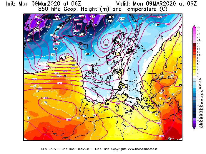 Mappa di analisi GFS - Geopotenziale [m] e Temperatura [°C] a 850 hPa in Europa
							del 09/03/2020 06 <!--googleoff: index-->UTC<!--googleon: index-->