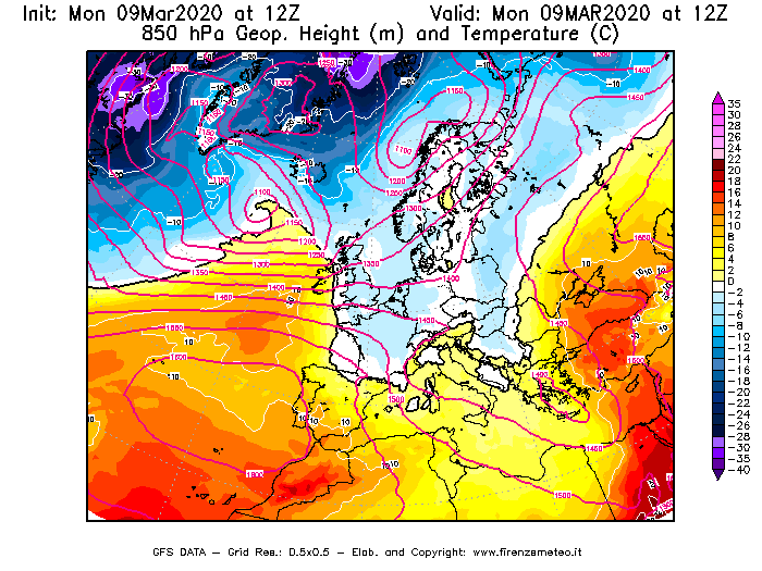 Mappa di analisi GFS - Geopotenziale [m] e Temperatura [°C] a 850 hPa in Europa
							del 09/03/2020 12 <!--googleoff: index-->UTC<!--googleon: index-->