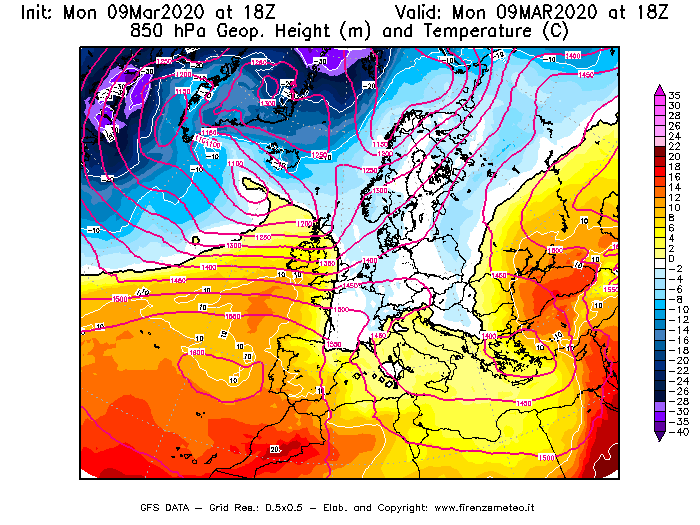 Mappa di analisi GFS - Geopotenziale [m] e Temperatura [°C] a 850 hPa in Europa
							del 09/03/2020 18 <!--googleoff: index-->UTC<!--googleon: index-->
