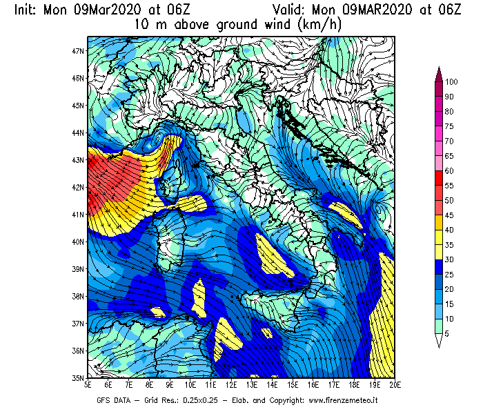 Mappa di analisi GFS - Velocità del vento a 10 metri dal suolo [km/h] in Italia
							del 09/03/2020 06 <!--googleoff: index-->UTC<!--googleon: index-->