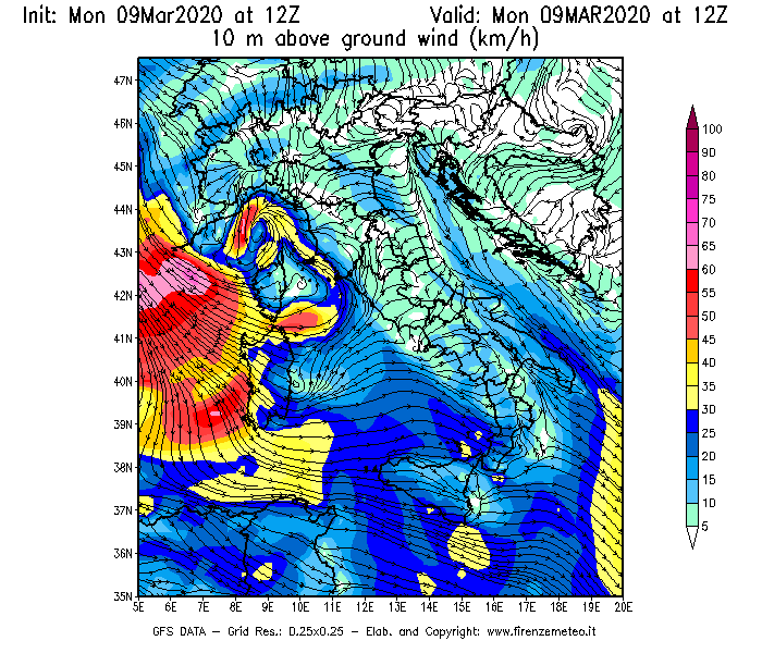 Mappa di analisi GFS - Velocità del vento a 10 metri dal suolo [km/h] in Italia
							del 09/03/2020 12 <!--googleoff: index-->UTC<!--googleon: index-->