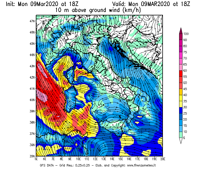 Mappa di analisi GFS - Velocità del vento a 10 metri dal suolo [km/h] in Italia
							del 09/03/2020 18 <!--googleoff: index-->UTC<!--googleon: index-->