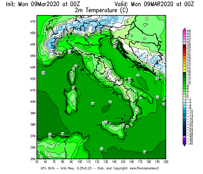 Mappa di analisi GFS - Temperatura a 2 metri dal suolo [°C] in Italia
							del 09/03/2020 00 <!--googleoff: index-->UTC<!--googleon: index-->