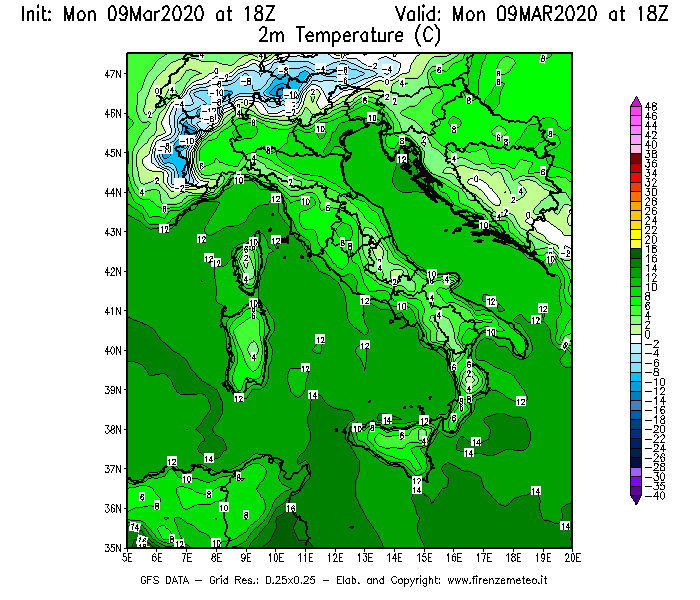 Mappa di analisi GFS - Temperatura a 2 metri dal suolo [°C] in Italia
							del 09/03/2020 18 <!--googleoff: index-->UTC<!--googleon: index-->