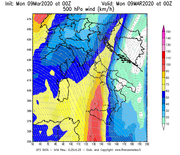 Mappa di analisi GFS - Velocità del vento a 500 hPa [km/h] in Italia
							del 09/03/2020 00 <!--googleoff: index-->UTC<!--googleon: index-->