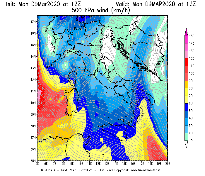 Mappa di analisi GFS - Velocità del vento a 500 hPa [km/h] in Italia
							del 09/03/2020 12 <!--googleoff: index-->UTC<!--googleon: index-->